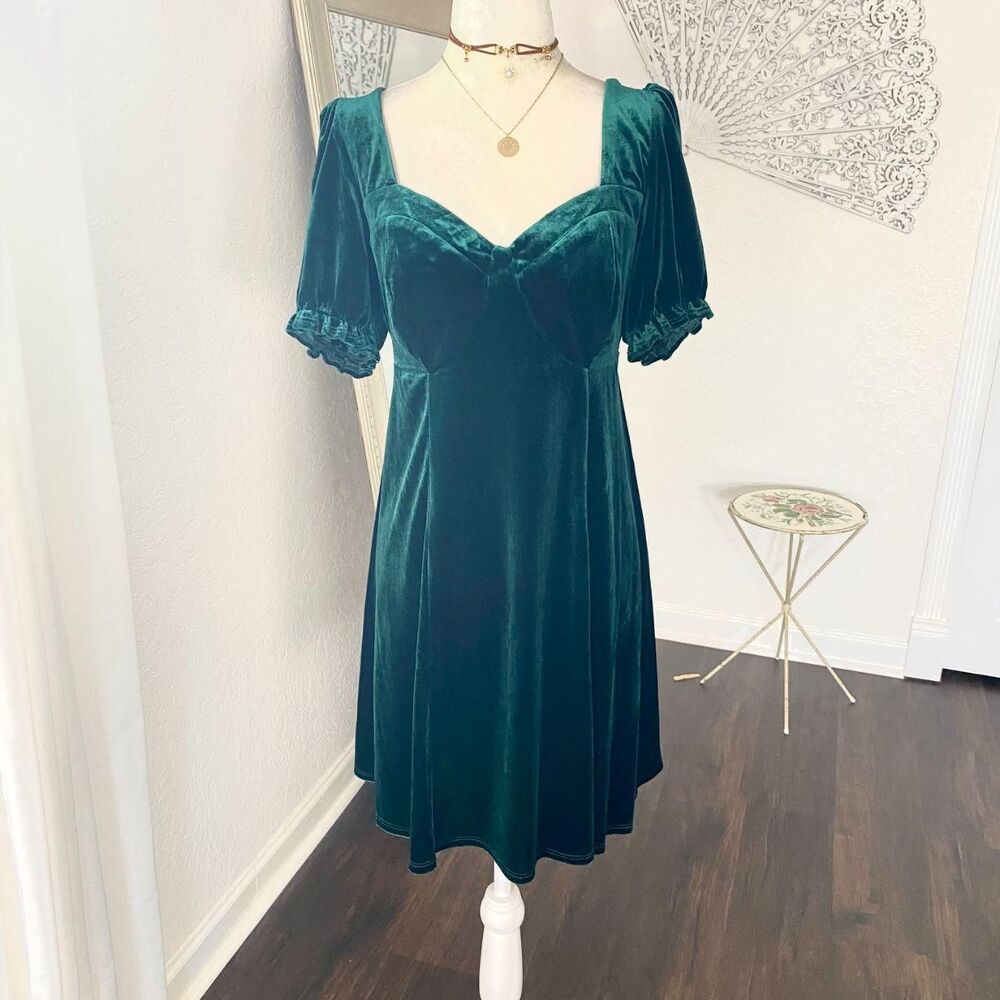 Midnight Doll Witchy Whimsygoth Dark Green Velvet Corset Back Mini Dress L